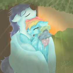 Size: 5500x5500 | Tagged: safe, artist:shirofoz, rainbow dash, soarin', g4, absurd resolution, crepuscular rays, cuddling, eyes closed, female, floppy ears, hug, male, ship:soarindash, shipping, smiling, snuggling, straight, tree, winghug