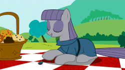 Size: 700x394 | Tagged: safe, artist:agrol, boulder (g4), maud pie, how ponies made the season 4, g4, maud pie (episode), animated, basket, blanket, clothes, female, muffin, picnic, rock, smiling, solo, talking, when she smiles, youtube link