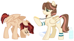 Size: 1745x971 | Tagged: safe, artist:dbkit, oc, oc only, oc:cherry bomber, oc:rosy rascal, pegasus, pony, duo, offspring, parent:derpy hooves, parent:dumbbell, parent:hoops, parent:rainbow dash, parents:ditzyhoops, parents:dumbdash, simple background, stopwatch, story included, sweat, tired, transparent background