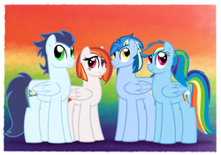 Size: 1000x700 | Tagged: safe, artist:faith-wolff, rainbow dash, soarin', oc, oc:evening glow, oc:lightning bolt, pegasus, pony, g4, alternate hairstyle, backwards cutie mark, faithverse, family, family photo, female, male, next generation, offspring, parent:rainbow dash, parent:soarin', parents:soarindash, ponytail, rainbow background, ship:soarindash, shipping, smiling, straight