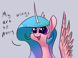 Size: 1024x768 | Tagged: safe, artist:underpable, princess celestia, alicorn, pony, derpin daily, g4, bust, colored pupils, cute, cutelestia, dialogue, female, gray background, mare, my wings are so pretty, open mouth, pinklestia, portrait, simple background, smiling, solo, spread wings, toylestia