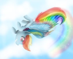 Size: 988x808 | Tagged: safe, artist:chanceyb, rainbow dash, pegasus, pony, g4, cloud, cloudy, contrail, female, flying, happy, rainbows, sky, smiling, solo, spread wings, upside down, wheeeee