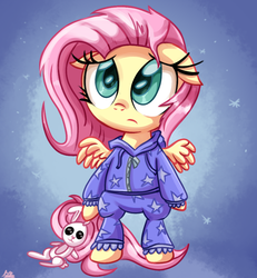 Size: 900x972 | Tagged: safe, artist:daniel-sg, angel bunny, fluttershy, pony, g4, bipedal, clothes, cute, female, pajamas, plushie, shyabetes, solo