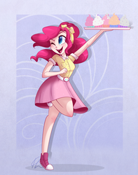 Size: 1024x1300 | Tagged: dead source, safe, artist:lolepopenon, pinkie pie, human, g4, clothes, converse, female, humanized, skirt, solo, waitress