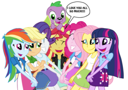 Size: 1843x1295 | Tagged: safe, artist:majkashinoda626, applejack, fluttershy, pinkie pie, rainbow dash, rarity, spike, sunset shimmer, twilight sparkle, dog, human, equestria girls, g4, my past is not today, clothes, dress, female, group hug, hug, humane five, humane seven, humane six, male, skirt, spike the dog, tank top