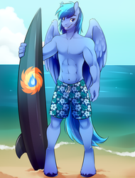 Size: 1600x2100 | Tagged: safe, artist:spazzykoneko, oc, oc only, oc:umami stale, anthro, abs, beach, belly button, clothes, male, solo, surfboard, swimming trunks, swimsuit, topless