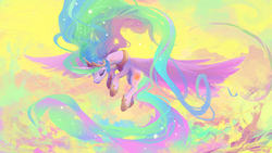Size: 1920x1080 | Tagged: safe, artist:huussii, princess celestia, alicorn, pony, beautiful, bright, color porn, colored, colorful, digital painting, eyes closed, female, flying, lineless, long mane, long tail, majestic, mare, solo, sparkles, surreal