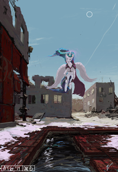 Size: 1536x2250 | Tagged: safe, artist:quiet-victories, princess celestia, g4, cape, clothes, female, flying, newbie artist training grounds, ruins, scenery, solo