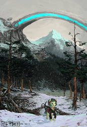 Size: 2500x3617 | Tagged: safe, artist:quiet-victories, coco pommel, g4, clothes, crossbow, female, forest, high res, jacket, newbie artist training grounds, saddle bag, scenery, snow, snowfall, solo, winter