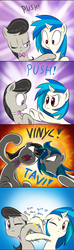 Size: 1024x3461 | Tagged: safe, artist:doublewbrothers, edit, dj pon-3, octavia melody, vinyl scratch, earth pony, pony, unicorn, g4, 4koma, angry, bow, bowtie, comic, cropped, dialogue, female, looking at each other, open mouth, pushing, sissy slap fight, slapping, yelling