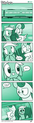 Size: 703x2534 | Tagged: safe, artist:dori-to, bon bon, lyra heartstrings, sweetie drops, earth pony, pony, unicorn, comic:silly lyra, g4, comic, cute, duo, female, green background, greenscale, grin, lyrabetes, mare, monochrome, paper, reading, silly lyra, simple background, sitting, train