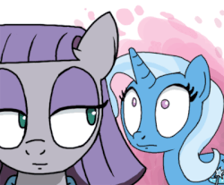 Size: 400x331 | Tagged: safe, artist:foudubulbe, edit, maud pie, trixie, pony, unicorn, g4, animated, behaving like a cat, duo, ear flick, eyes on the prize, female, floppy ears, inverted mouth, lesbian, mare, ship:mauxie, shipping, smiling, tail wag, teasing, when she smiles, wide eyes