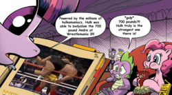 Size: 1324x732 | Tagged: safe, artist:andypriceart, edit, idw, pinkie pie, spike, twilight sparkle, g4, spoiler:comic, andre the giant, hulk hogan, night guard, royal guard, wwe