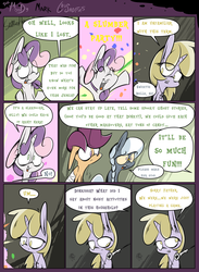 Size: 1235x1690 | Tagged: safe, artist:slitherpon, dinky hooves, scootaloo, silver spoon, sweetie belle, pegasus, pony, unicorn, moody mark crusaders, g4, alternate universe, bandage, comic, female, filly, foal