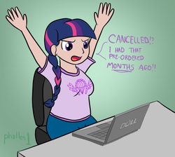 Size: 558x501 | Tagged: safe, artist:phallen1, twilight sparkle, human, g4, 30 minute art challenge, alternate hairstyle, angry, braid, computer, humanized, laptop computer, simple background