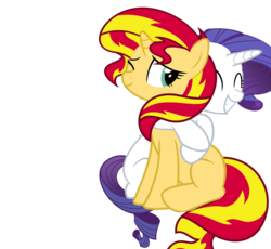 Size: 4394x4048 | Tagged: dead source, safe, artist:midnight-star234, rarity, sunset shimmer, pony, unicorn, g4, absurd resolution, blank flank, female, hug, lesbian, shipping, simple background, sunsarity, transparent background, vector