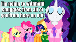 Size: 959x540 | Tagged: safe, edit, edited screencap, screencap, applejack, fluttershy, pinkie pie, rarity, twilight sparkle, g4, image macro, meme, no snuggles, snuggling