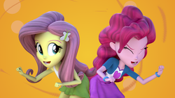 Size: 1920x1080 | Tagged: safe, artist:3d thread, artist:creatorofpony, fluttershy, pinkie pie, equestria girls, g4, my little pony equestria girls, 3d, 3d model, blender, bracelet, butt bump, butt to butt, butt touch, clothes, helping twilight win the crown, scene interpretation, shirt, skirt, tank top, wallpaper