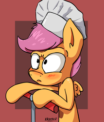 Size: 4800x5600 | Tagged: safe, artist:krecker-cream, scootaloo, bloom & gloom, g4, absurd resolution, blushing, chef's hat, female, hat, scootacook, scootaloo is not amused, scooter, solo, unamused