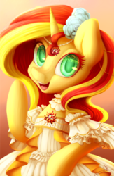 Size: 2438x3734 | Tagged: safe, artist:zodiacnicola, sunset shimmer, unicorn, semi-anthro, g4, clothes, cute, dress, female, high res, looking at you, open mouth, shimmerbetes, solo