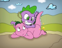 Size: 900x700 | Tagged: safe, artist:krypto451, spike, dragon, g1, g4, generational ponidox, male, smiling, spanking