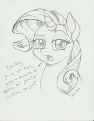 Size: 1275x1650 | Tagged: safe, artist:latecustomer, rarity, g4, breaking the fourth wall, dialogue, female, fourth wall, monochrome, sketch, solo, traditional art