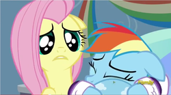 Size: 855x477 | Tagged: safe, screencap, fluttershy, rainbow dash, tank, pegasus, pony, g4, tanks for the memories, bed, crying, cute, dashabetes, dilated pupils, female, hug, mare, sad, shyabetes, wide eyes