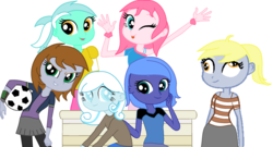 Size: 1946x1048 | Tagged: safe, artist:obriannakenobi, derpy hooves, lyra heartstrings, princess luna, oc, oc:fluffle puff, oc:littlepip, oc:snowdrop, fallout equestria, friendship is witchcraft, equestria girls, g4, bench, eating, filly, football, holding hands, s1 luna, simple background, woona, younger