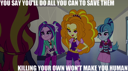 Size: 1280x714 | Tagged: safe, editor:scrounge, screencap, adagio dazzle, aria blaze, sonata dusk, sunset shimmer, equestria girls, g4, my little pony equestria girls: rainbow rocks, exploitable meme, image macro, meme, song reference, the dazzlings, the megas