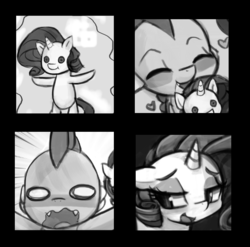 Size: 573x566 | Tagged: safe, artist:lumineko, rarity, spike, g4, comic, female, grayscale, male, monochrome, rarity plushie, ship:sparity, shipping, straight, teaser