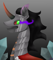 Size: 1065x1194 | Tagged: safe, king sombra, pony, unicorn, g4, abstract background, armor, bust, curved horn, horn, magic, magic aura, male, portrait, sideview, solo