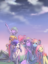 Size: 1300x1700 | Tagged: safe, artist:quizia, applejack, fluttershy, pinkie pie, rainbow dash, rarity, spike, twilight sparkle, equestria girls, g4, alternate hairstyle, bow, clothes, dress, equestria girls-ified, female, hair bow, human spike, male, mane seven, mane six, ponytail