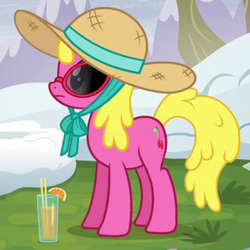 Size: 500x500 | Tagged: safe, screencap, cherry berry, earth pony, pony, g4, tanks for the memories, background pony, confused, cropped, drink, female, grass, hat, mare, orange, ribbon, snow, solo, straw, straw hat, sunglasses