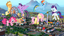 Size: 1024x576 | Tagged: safe, artist:auskeldeo, applejack, fluttershy, pinkie pie, rainbow dash, rarity, twilight sparkle, alicorn, pony, g4, amusement park, female, giant pony, giantess, irl, macro, mane six, mare, photo, ponies in real life, twilight sparkle (alicorn)