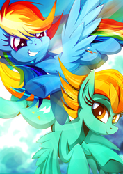 Size: 1358x1920 | Tagged: safe, artist:rariedash, lightning dust, rainbow dash, pegasus, pony, g4, cloud, duo, duo female, female, flying, looking at you, mare, rainbow trail, sky, spread wings, underhoof, wings
