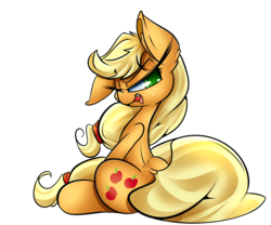 Size: 2400x2000 | Tagged: safe, artist:madacon, applejack, earth pony, pony, g4, bedroom eyes, ear fluff, female, freckles, high res, looking back, open mouth, simple background, sitting, solo, transparent background