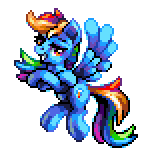Size: 150x150 | Tagged: safe, artist:pix3m, rainbow dash, g4, female, flying, forelegs crossed, gif, looking at you, non-animated gif, pixel art, simple background, solo, sprite, transparent background