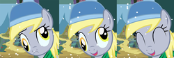 Size: 1646x554 | Tagged: artist needed, source needed, safe, derpy hooves, pony, g4, beanie, clothes, cute, derpabetes, female, hat, scarf, silly, silly pony, smiling, snow, snowfall, solo, toque, tuque