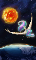 Size: 600x988 | Tagged: safe, artist:basiliskfree, princess celestia, alicorn, pony, g4, female, magic, planet, realistic, solo, space, sun