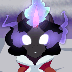 Size: 1000x1000 | Tagged: safe, artist:mylittlesheepy, king sombra, pony, unicorn, g4, animated, beautiful, cloak, clothes, dark magic, female, flowing mane, glowing eyes, glowing horn, horn, magic, mare, missing accessory, queen umbra, rule 63, solo, sombra eyes