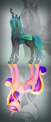 Size: 1714x4096 | Tagged: dead source, safe, artist:spaghettidolphin, princess cadance, queen chrysalis, alicorn, changeling, changeling queen, pony, g4, double, facade, female