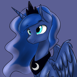 Size: 1024x1024 | Tagged: safe, artist:jovalic, princess luna, alicorn, pony, g4, blue background, chestplate, colored, crown, ethereal mane, female, jewelry, mare, necklace, regalia, signature, simple background, solo, spread wings, wings