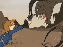 Size: 1024x768 | Tagged: safe, artist:thelivingmachine02, oc, oc only, oc:littlepip, deathclaw, human, fallout equestria, clothes, fallout, fanfic, fanfic art, female, gun, handgun, humanized, humanized oc, jumpsuit, little macintosh, open mouth, optical sight, revolver, teeth, threatening, vault suit, weapon