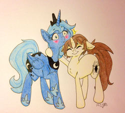 Size: 1356x1224 | Tagged: safe, artist:ameliacostanza, princess luna, alicorn, pony, unicorn, g4, blushing, crossover, crossover shipping, hug, male, peter parker, s1 luna, spider-man, spiderluna, spiders and magic iii: days of friendship past, spiders and magic: rise of spider-mane, traditional art