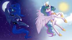 Size: 2000x1120 | Tagged: safe, artist:sannykat, princess celestia, princess luna, alicorn, pony, g4, duo, female, flying, jewelry, looking at each other, mare, moon, regalia, smiling, sun