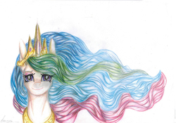 Size: 3436x2409 | Tagged: safe, artist:manu-nya, princess celestia, g4, female, high res, looking at you, simple background, smiling, solo, traditional art