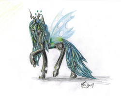 Size: 2892x2297 | Tagged: dead source, safe, artist:manu-nya, queen chrysalis, changeling, changeling queen, g4, female, high res, raised hoof, simple background, solo, traditional art