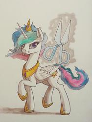 Size: 600x800 | Tagged: safe, artist:shydale, princess celestia, g4, :p, alternate hairstyle, female, levitation, looking at you, magic, raised hoof, scissors, short hair, solo, telekinesis, tongue out, traditional art