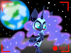 Size: 1600x1200 | Tagged: safe, artist:lovehtf421, nightmare moon, pony, g4, bipedal, blushing, camera shot, female, impossibly large ears, planet, recording, solo