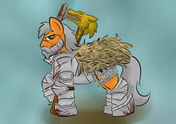 Size: 1169x826 | Tagged: safe, artist:darkhestur, oc, oc only, pony, armor, beard, crossover, knights of the white wolf, solo, teutogen guard, war hammer, warhammer (game), warhammer fantasy, weapon